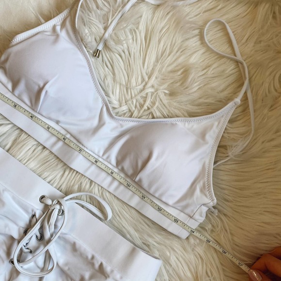 White High Waisted Lace Up Scoop Bust Bikini - Picture 9 of 12